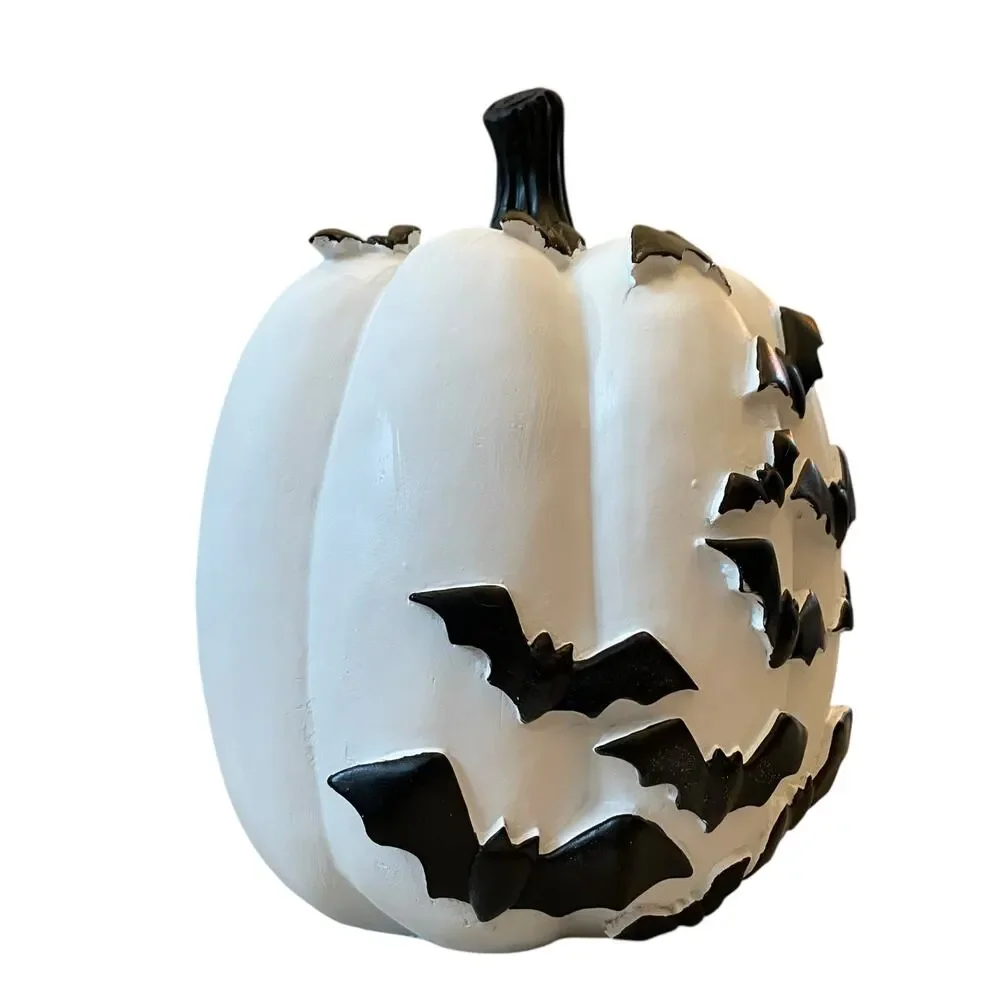 Black Flying Bats White Resin Pumpkin 12in Hauntingly Chic Halloween Decor NEW
